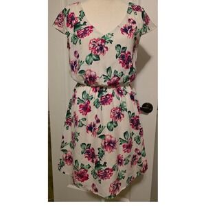 Wish‎ Womens S Floral Mini Dress Cream Pink V-Neck Open Back Crochet Trim Summer